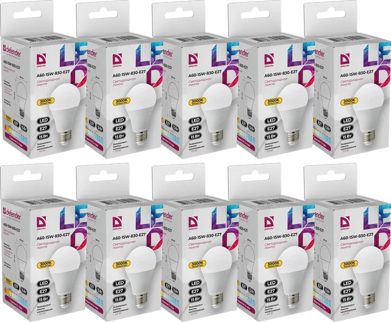 Defender - LED Light bulbs A60-15W-830-E27 10pack